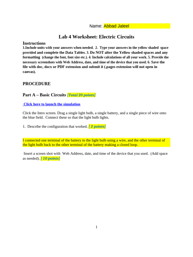 PHYS 2426 Lab 4 Electric Circuits | PDF | Voltage | Electric Current