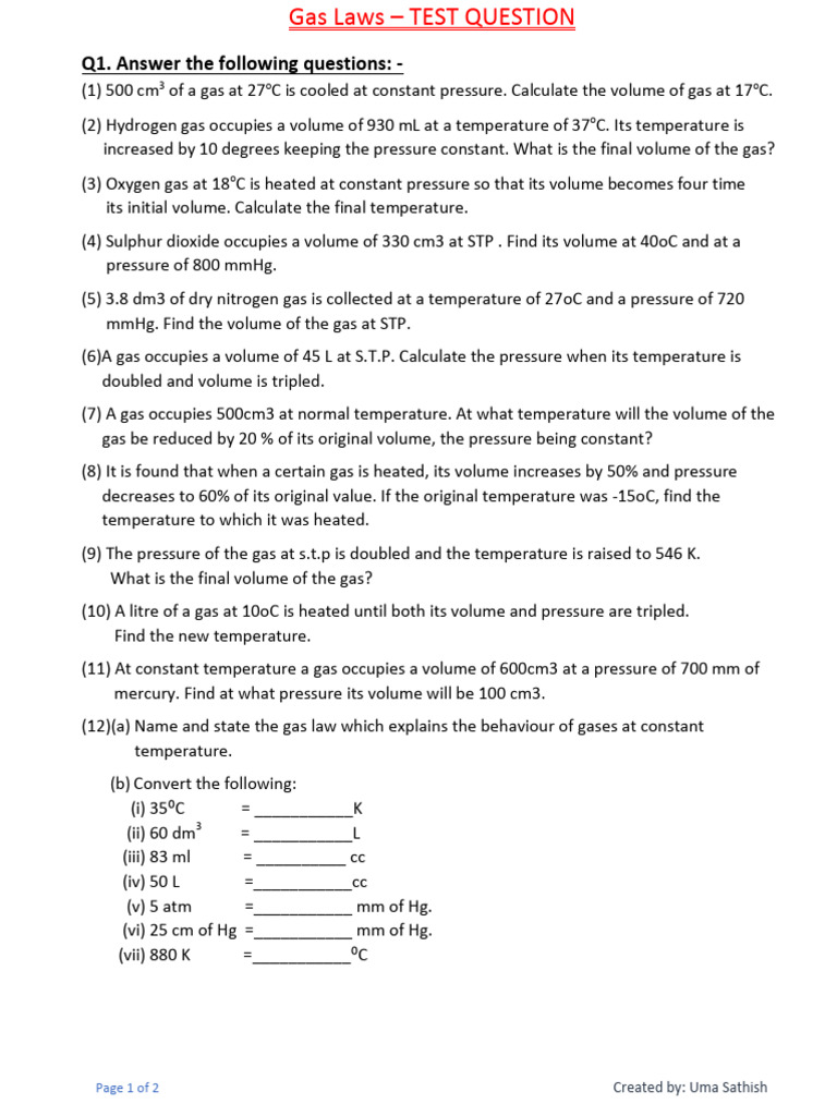Gas Laws Test Questions and Solutions | PDF | Gases | Volume