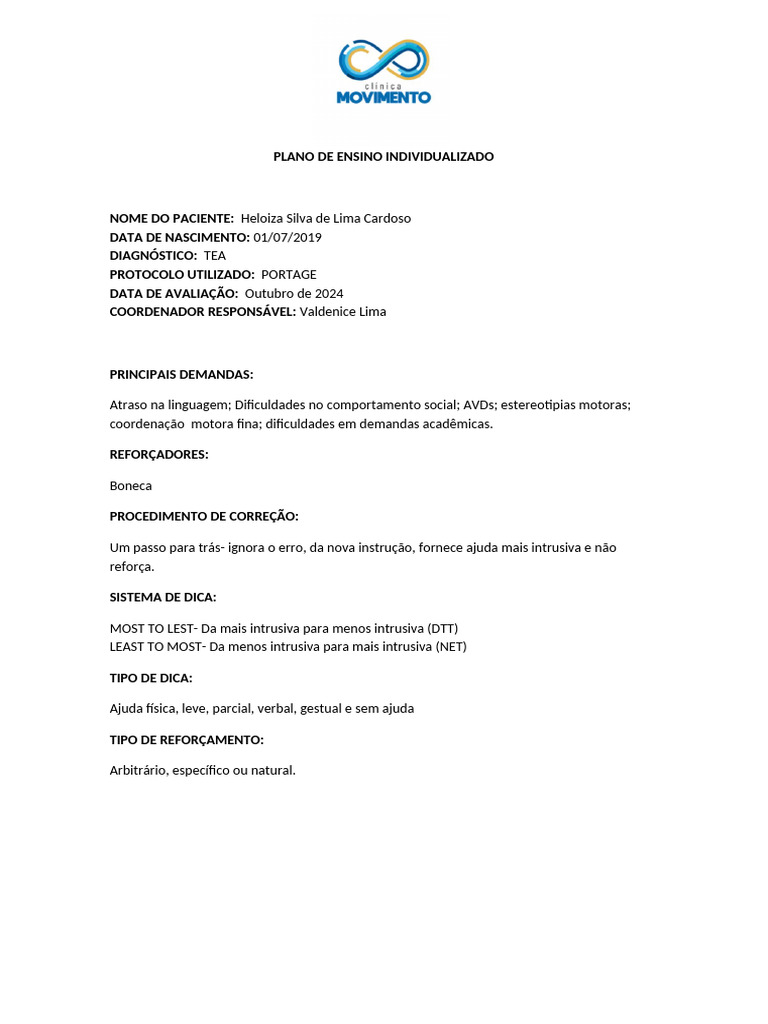 Plano de Ensino para TEA: Heloiza Cardoso | PDF | Conceitos psicológicos