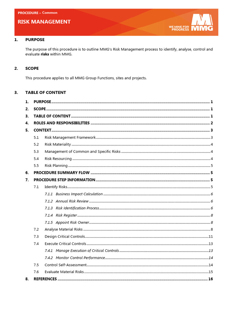 MMG Risk Management Procedure Guide | PDF | Risk | Risk Management