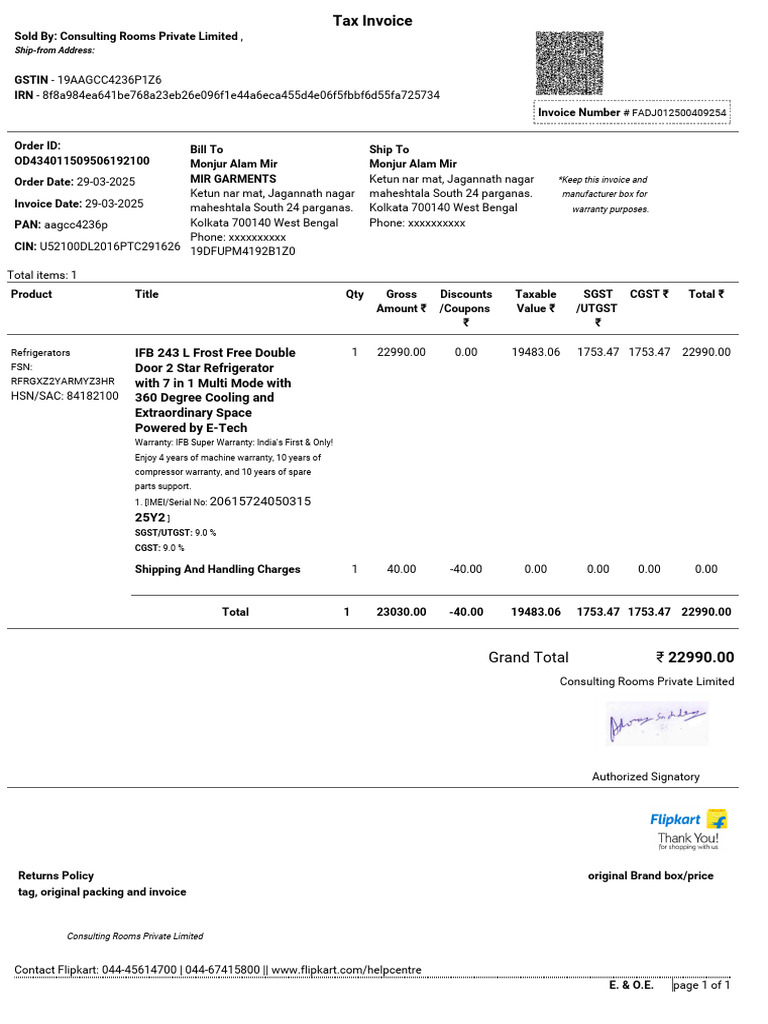 Invoice for IFB Refrigerator Purchase | PDF