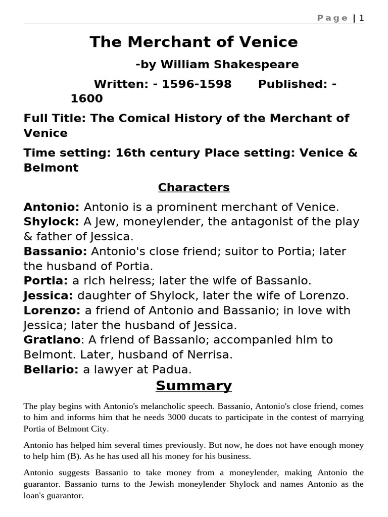 The Merchant of Venice Summary | PDF | The Merchant Of Venice | Shylock