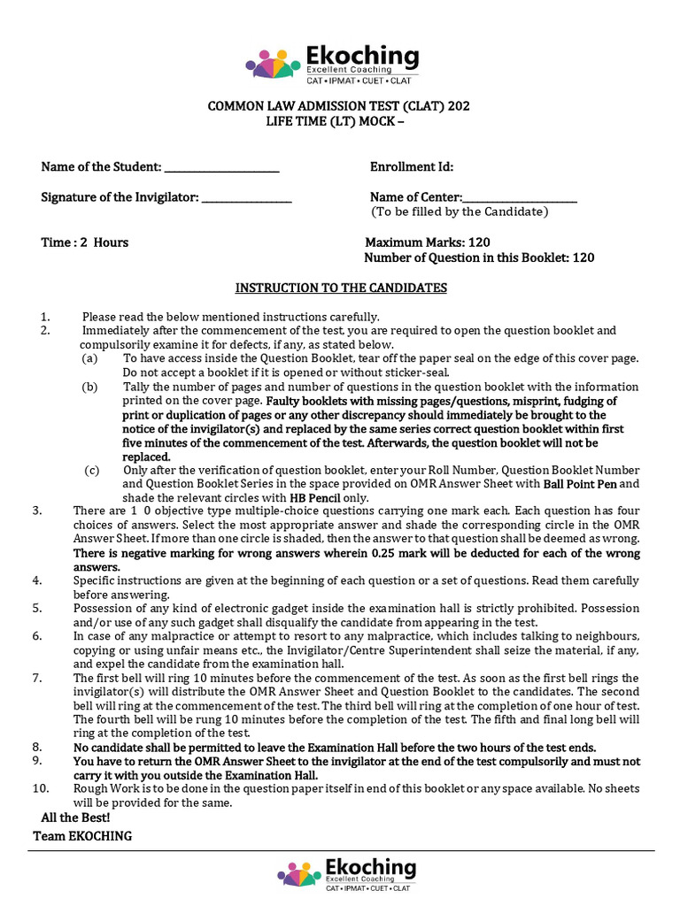 CLAT 2026 Mock Test Instructions and Passage | PDF