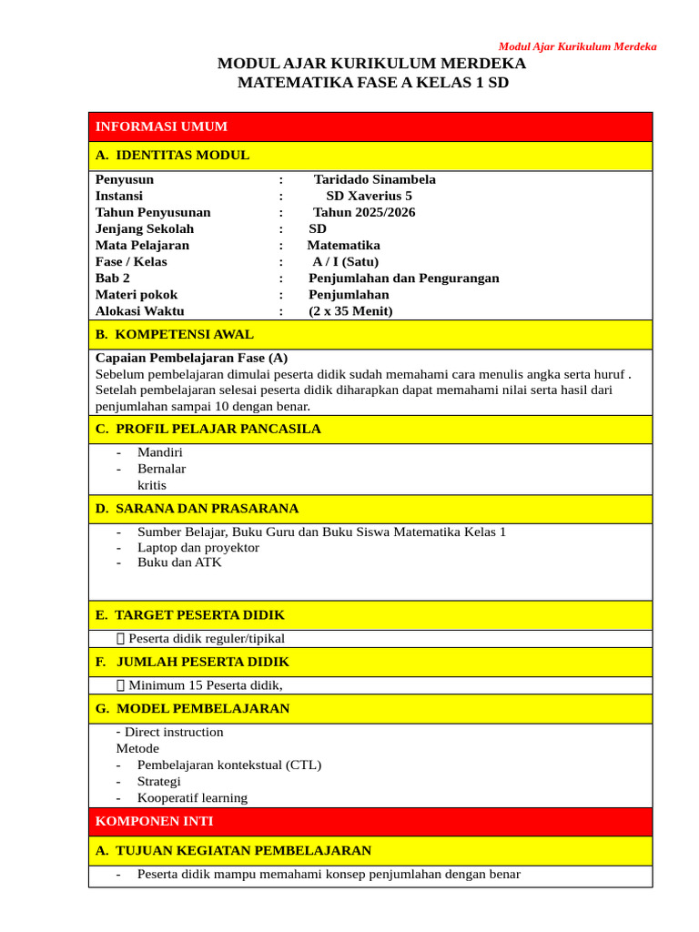 Modul Ajar Matematika Kelas 1 SD | PDF