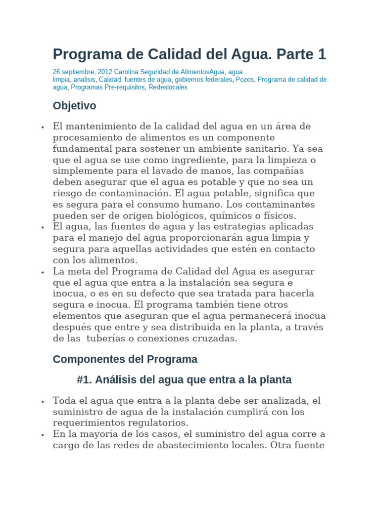 Programa de Calidad del Agua en Alimentos | PDF | Agua | Agua potable