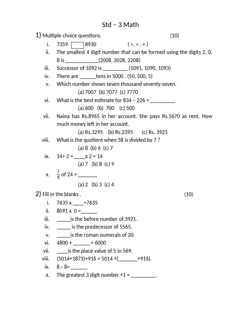 Std 3 Math Practice Questions | PDF | Mathematics | Discrete Mathematics