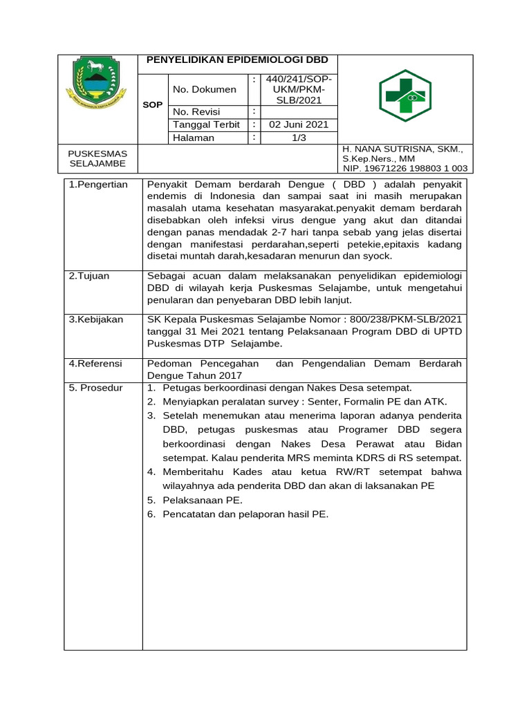 Prosedur Penyelidikan Epidemiologi DBD | PDF
