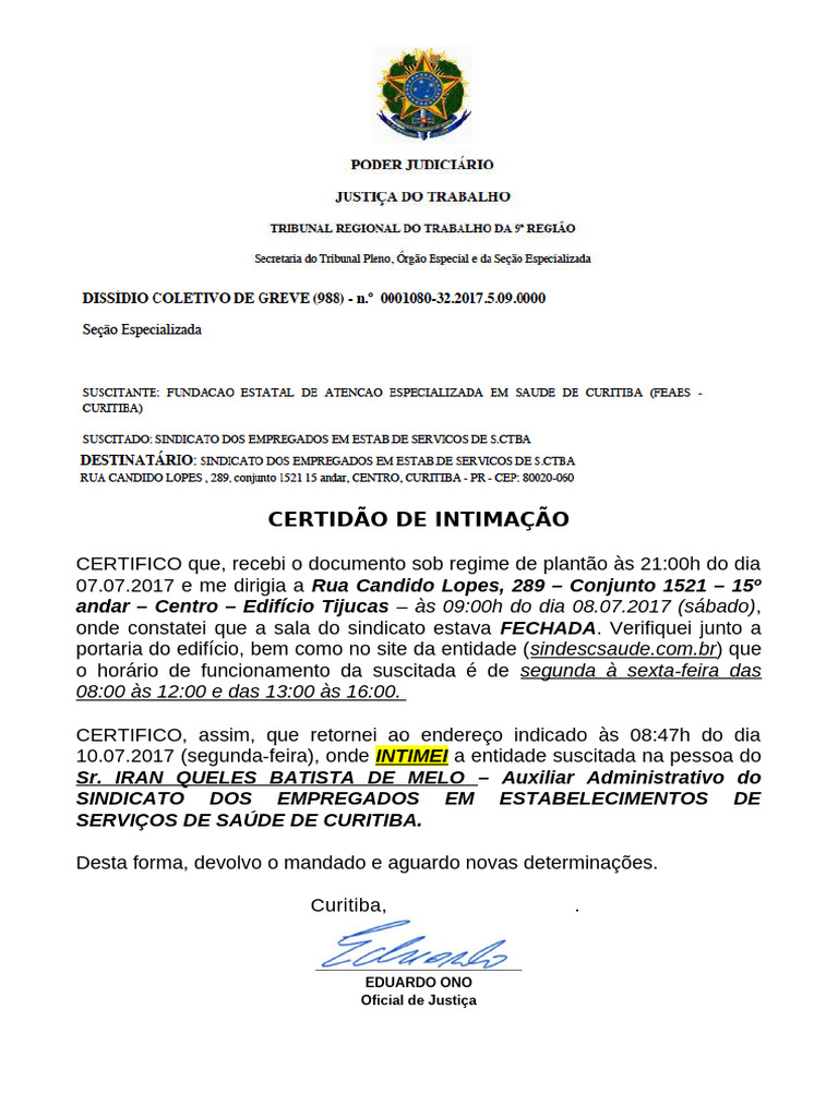 Certidão de Intimação - Oficial de Justiça | PDF