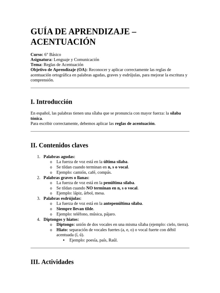 Reglas de Acentuación para 6° Básico | PDF | Voz humana | Fonética