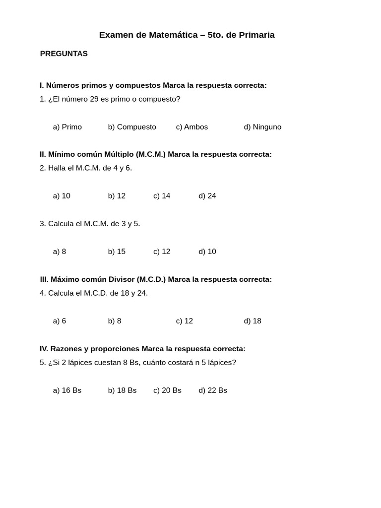 Examen Matematica 5to Primaria 5 | PDF