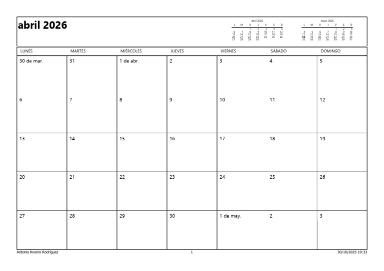 Calendario Abril 2026 para Imprimir | PDF