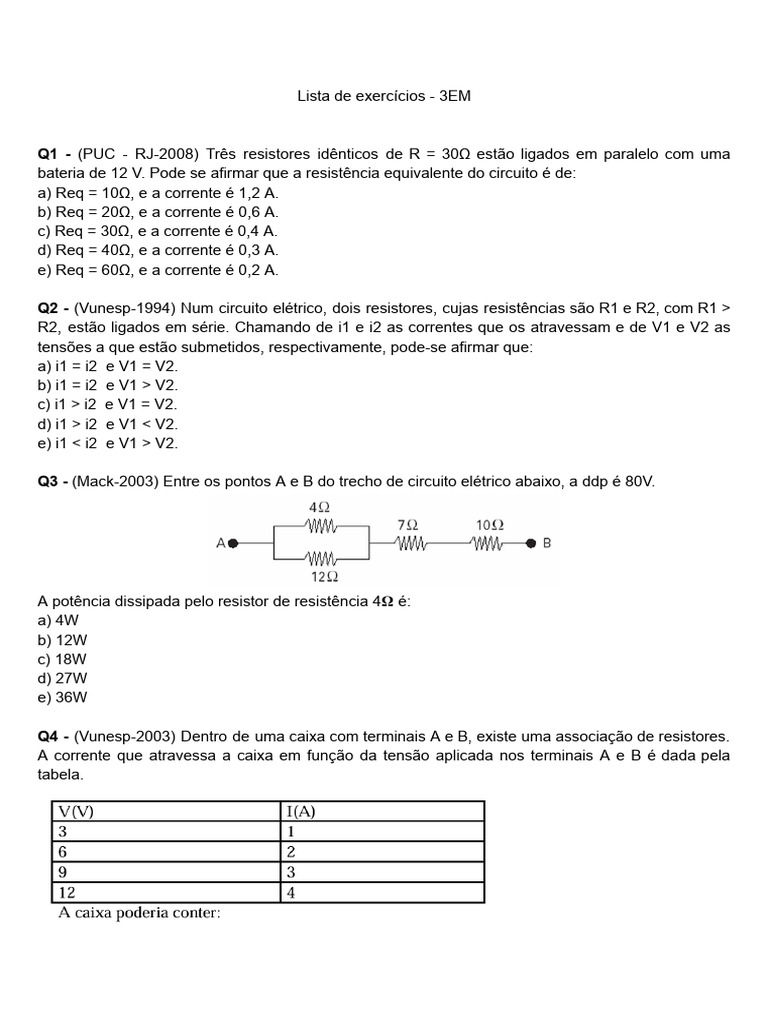 Exercícios de Circuitos Elétricos 3EM | PDF | Circuitos em série e em ...