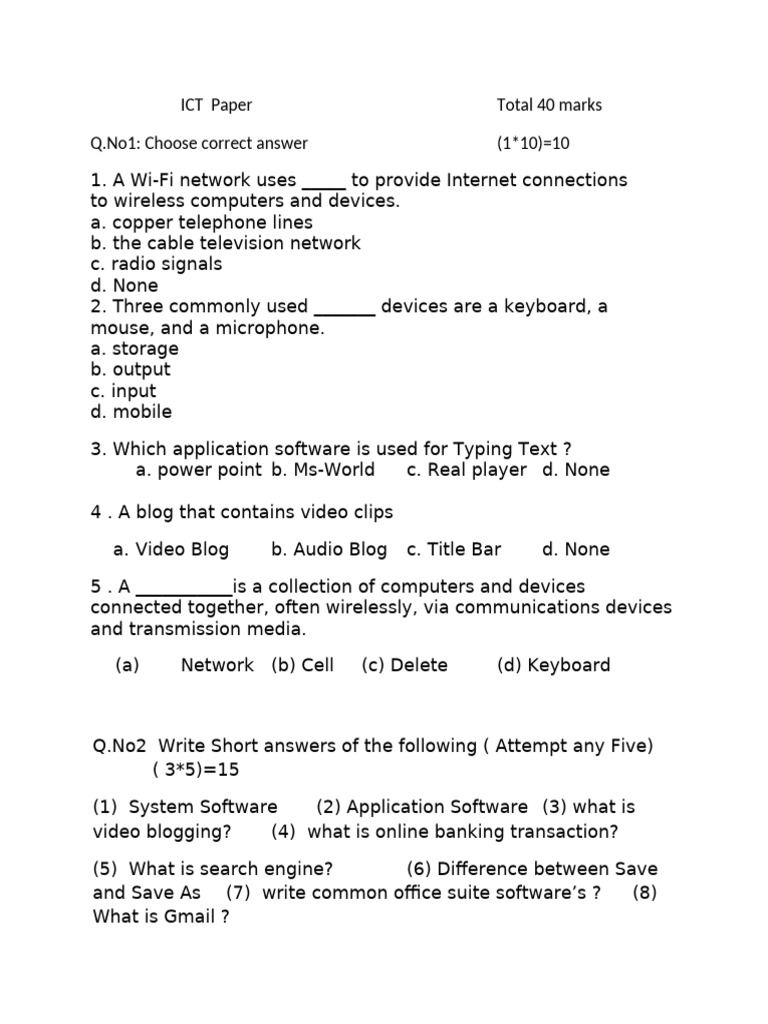 ICT Exam Paper with Questions and Answers | PDF