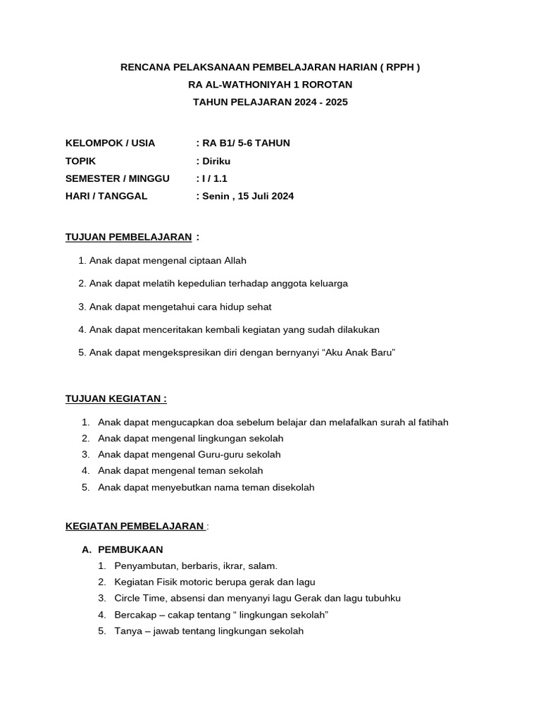 RPPH Tema Diriku untuk RA B1 2024-2025 | PDF