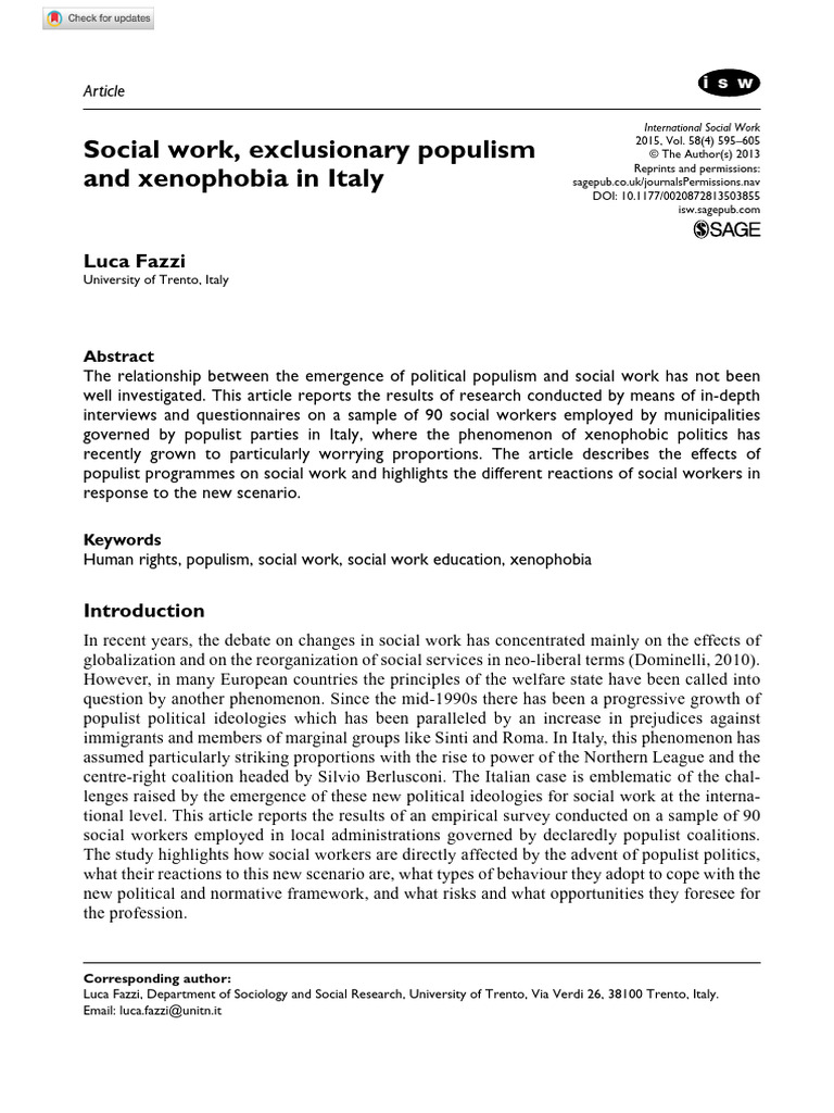 Populism and Xenophobia in Italian Social Work | PDF | Populism ...