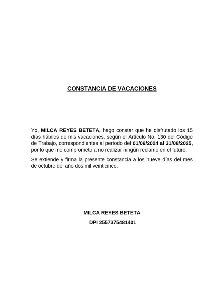 Constancia de Vacaciones 2024-2025 | PDF