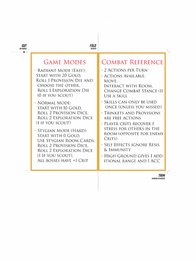 Print Ready Darkest Dungeon Board Game Reference Card | PDF