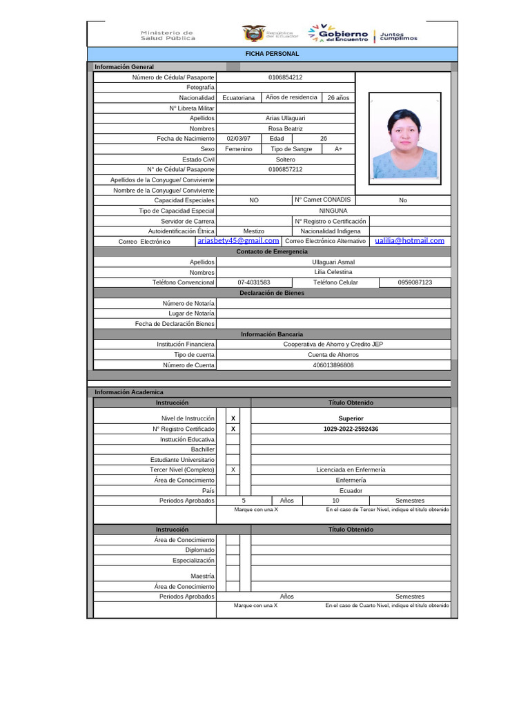Ficha Personal de Rosa Beatriz Arias | PDF
