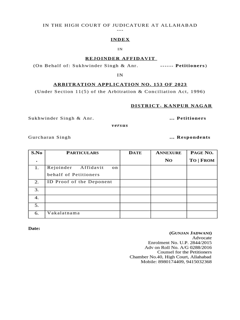 Sukhwinder Arbitration - Rejoinder | PDF | Affidavit | Legal Procedure