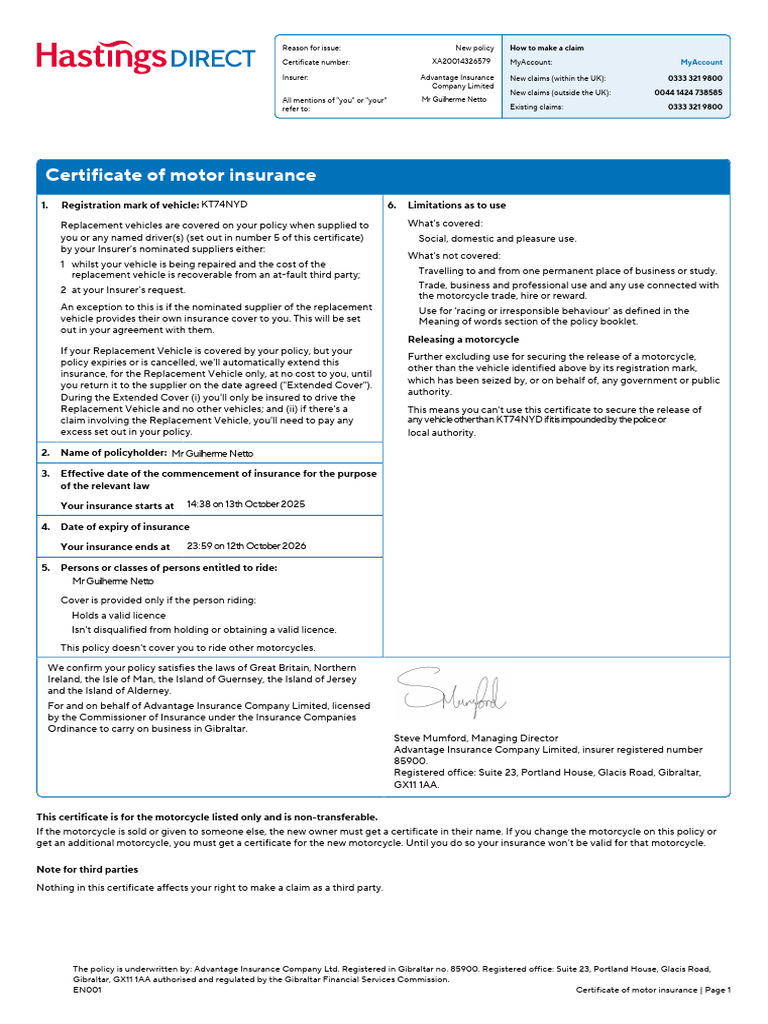 Hastings Direct Insurance Certificate | PDF | Insurance