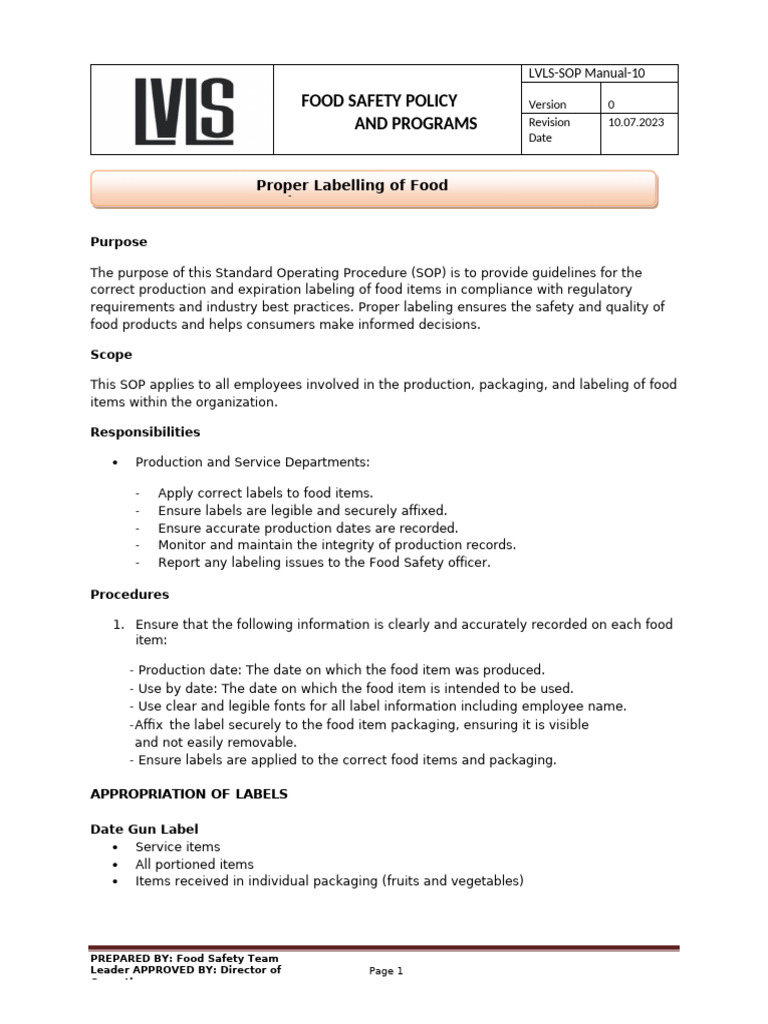 Food Safety Labeling SOP Guidelines | PDF | Food Safety | Shelf Life
