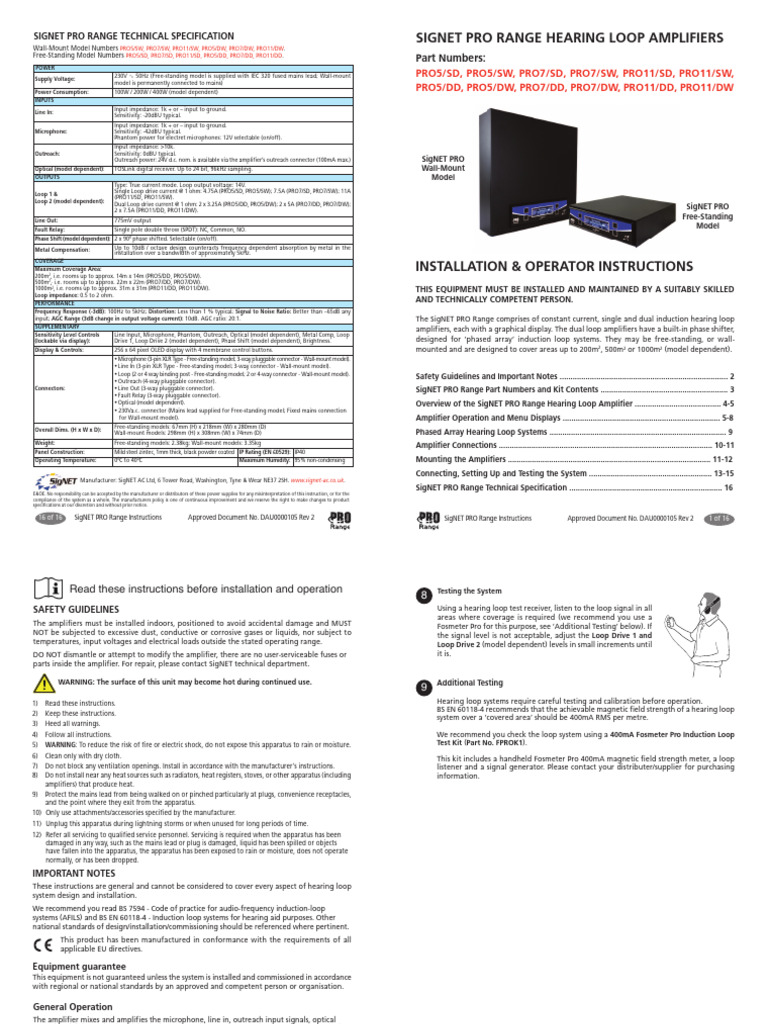 SigNET PRO Hearing Loop Amplifiers Guide | PDF | Amplifier | Microphone