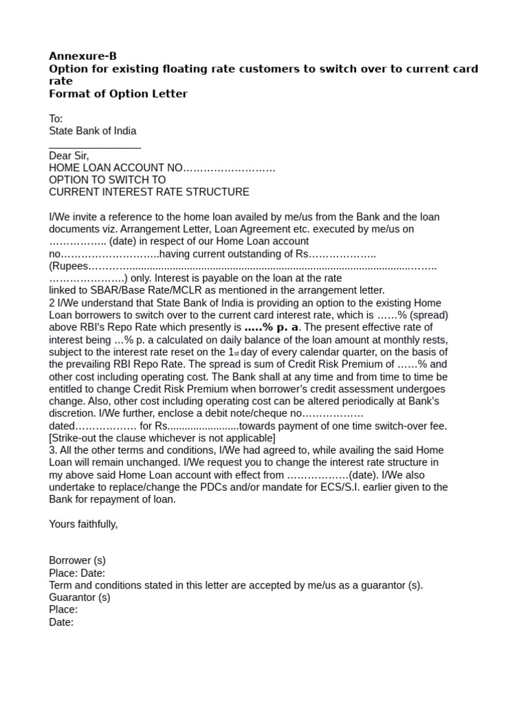 Home Loan Rate Switch Option Letter | PDF
