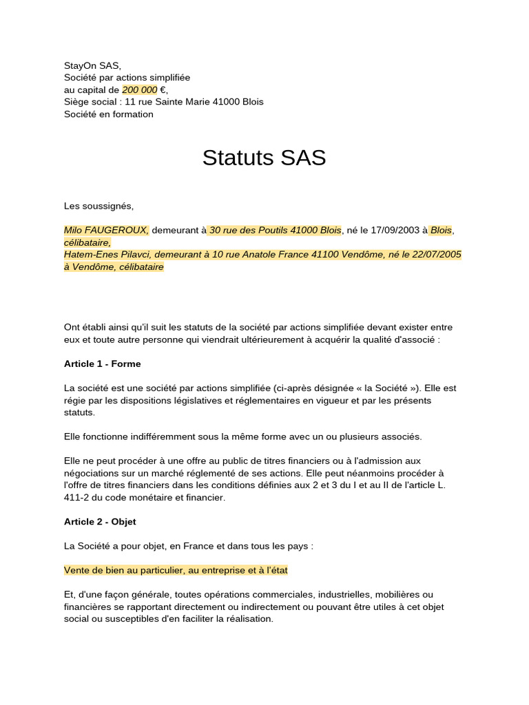 Modele Statuts Sas StayOn | PDF | Président des États-Unis ...