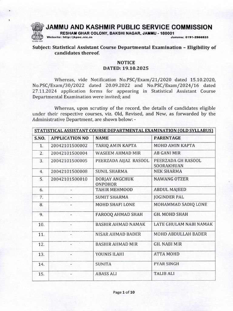 Statistical Assistant Course Departmental ExaminationEligibility of ...