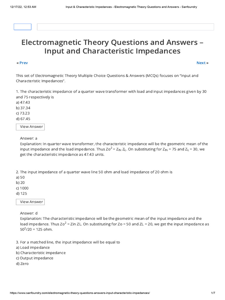 Input & Characteristic Impedances MCQs | PDF | Electrical Impedance ...