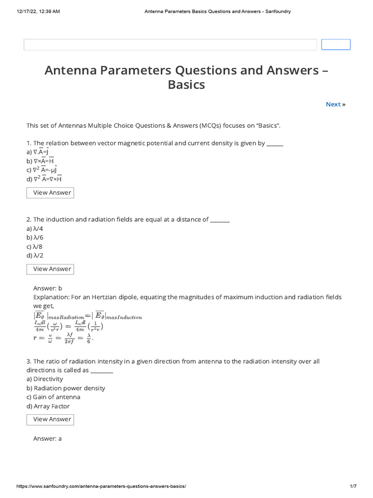 Antenna Parameters MCQs and Answers | PDF | Antenna (Radio ...