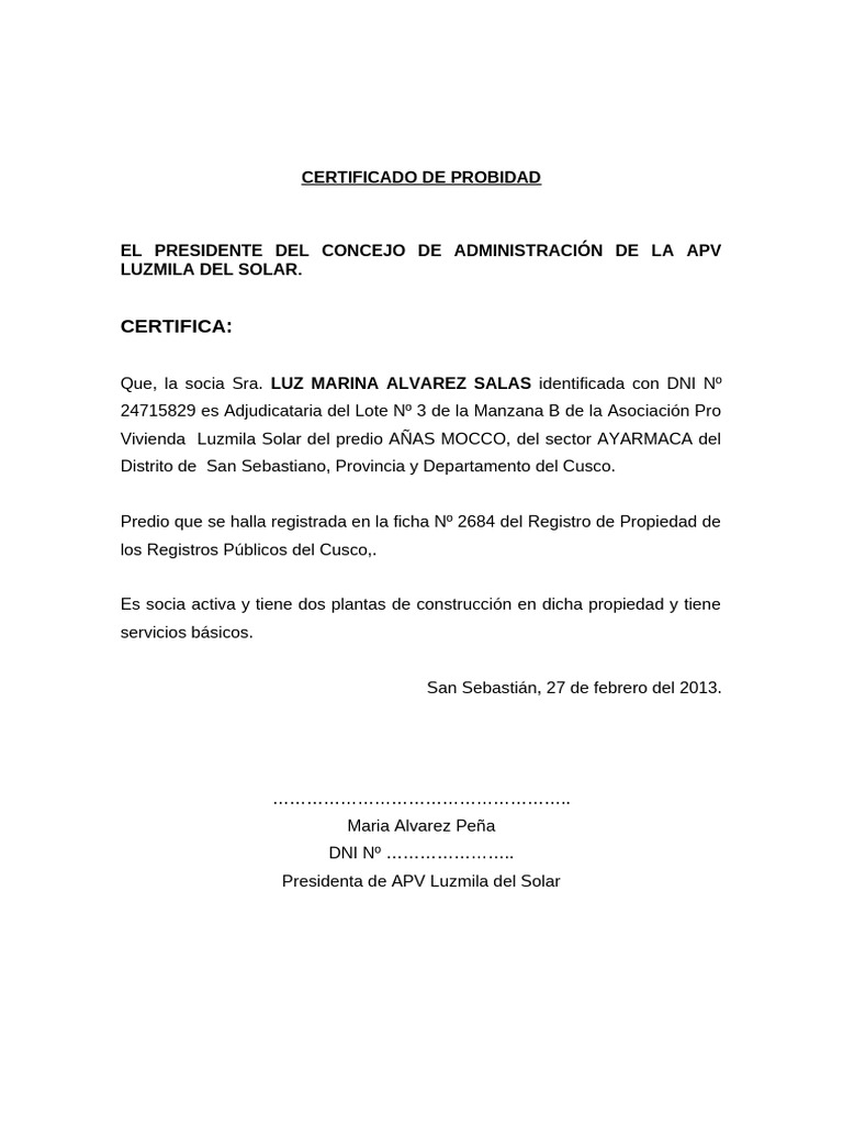 Certificado de Probidad APV Luzmila Solar | PDF