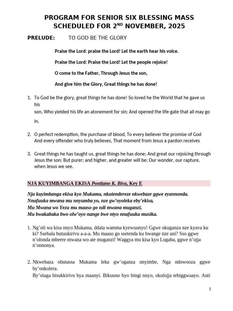 Senior Six Blessing Mass Program 2025 | PDF | Mass (Liturgy ...