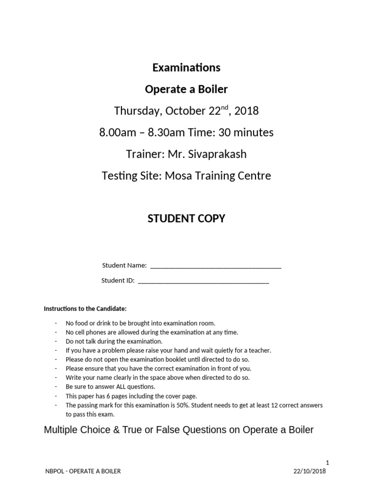 Boiler Operation Exam Instructions | PDF | Boiler | Gas Technologies