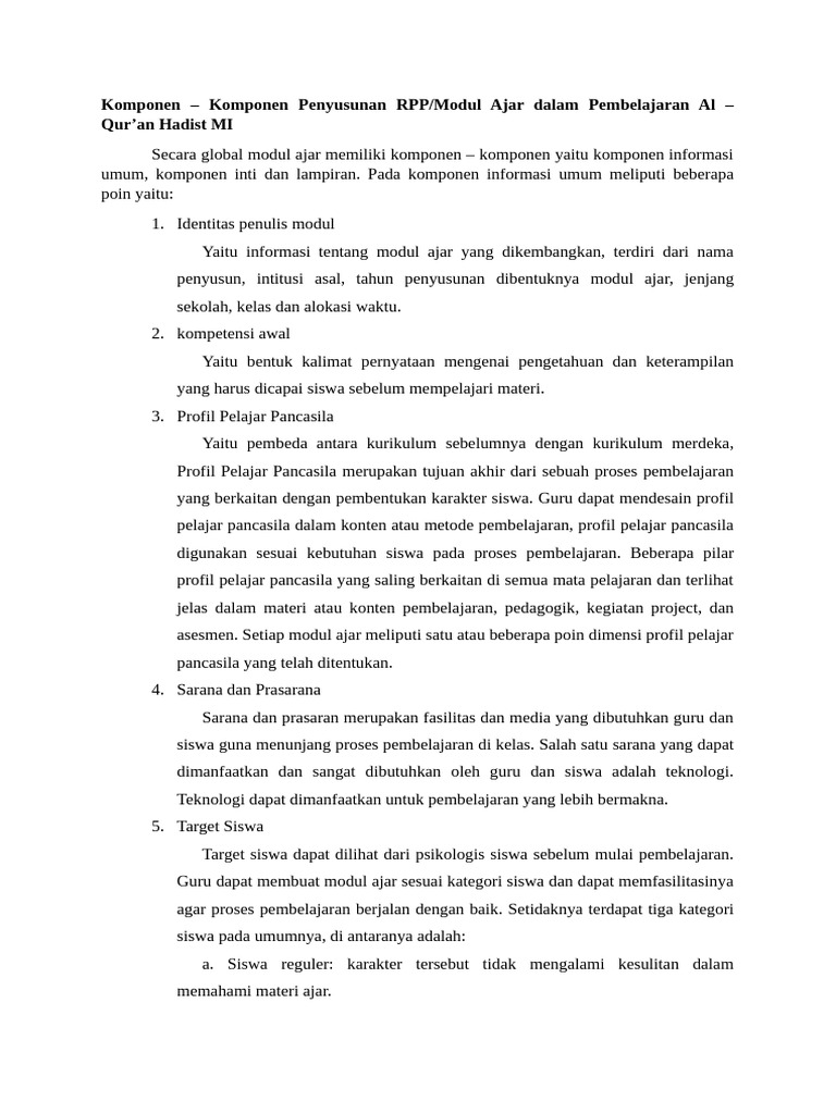Komponen RPP Modul Ajar Kurikulum Merdeka | PDF