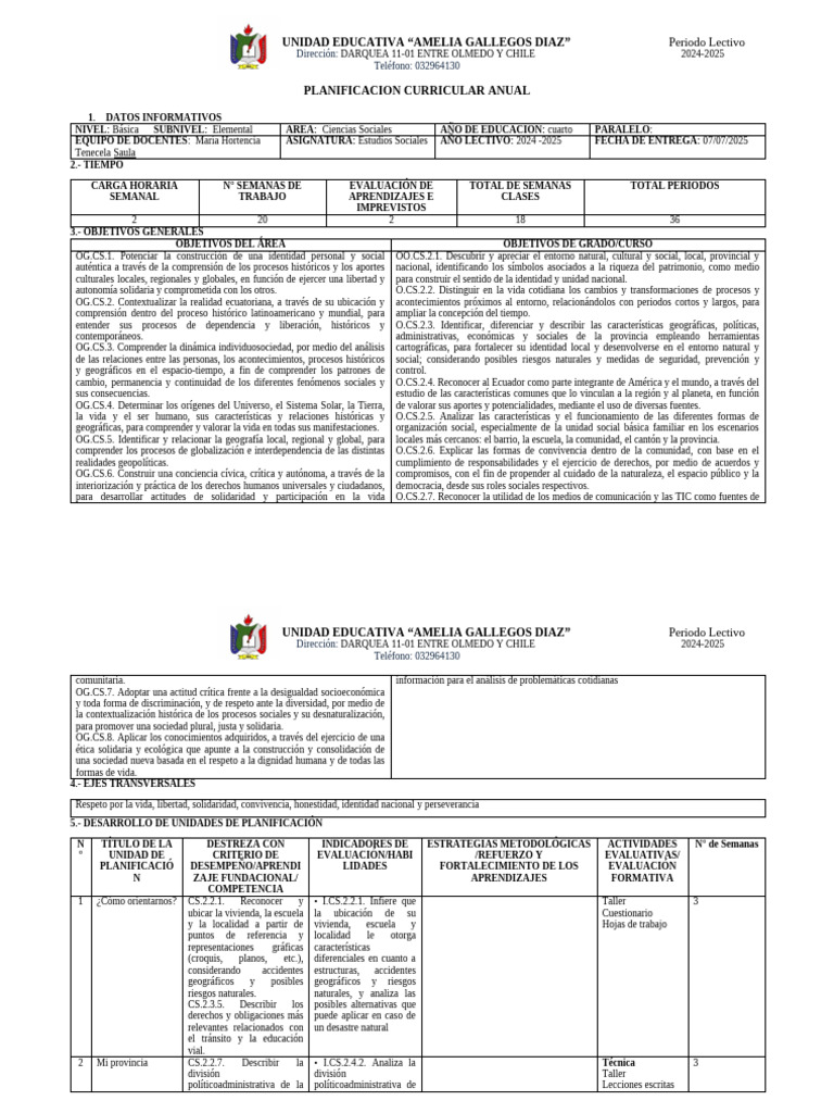 Planificación Anual de Estudios Sociales 2024-2025 | PDF | Geografía ...