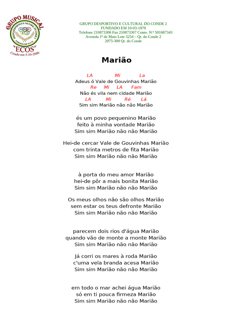 Letras de Canções Populares Portuguesas | PDF