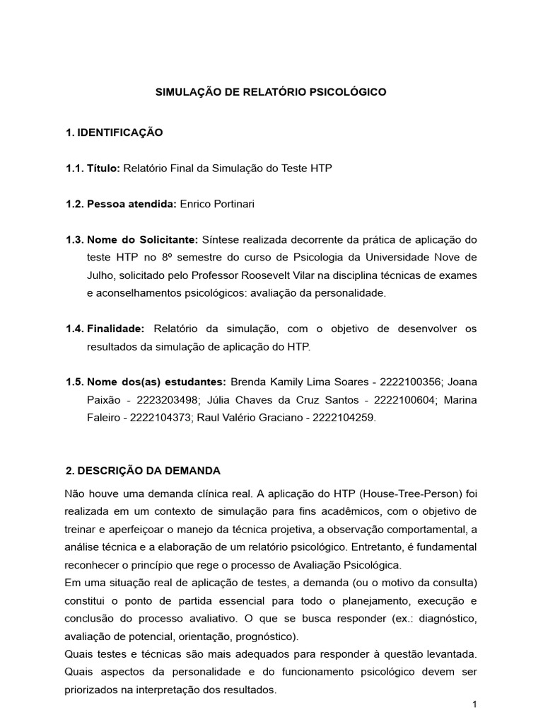 Simulação de Relatório Psicológico | PDF | Avaliação psicológica ...