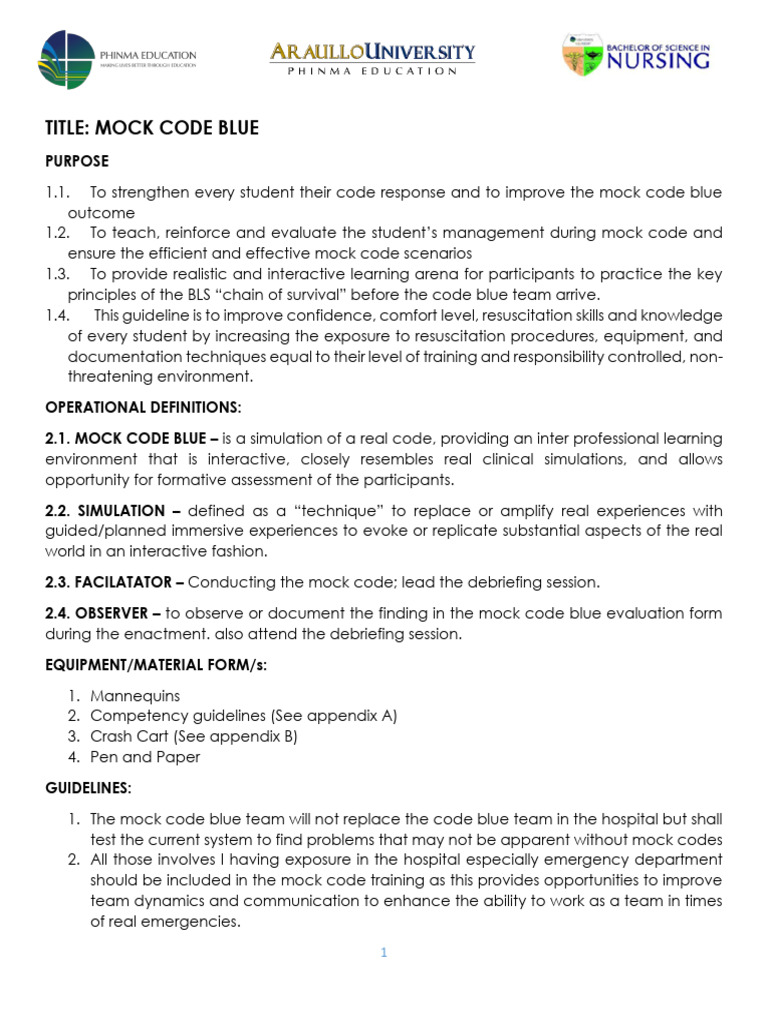 Mock Code Blue Training Guidelines | PDF | Cardiopulmonary ...