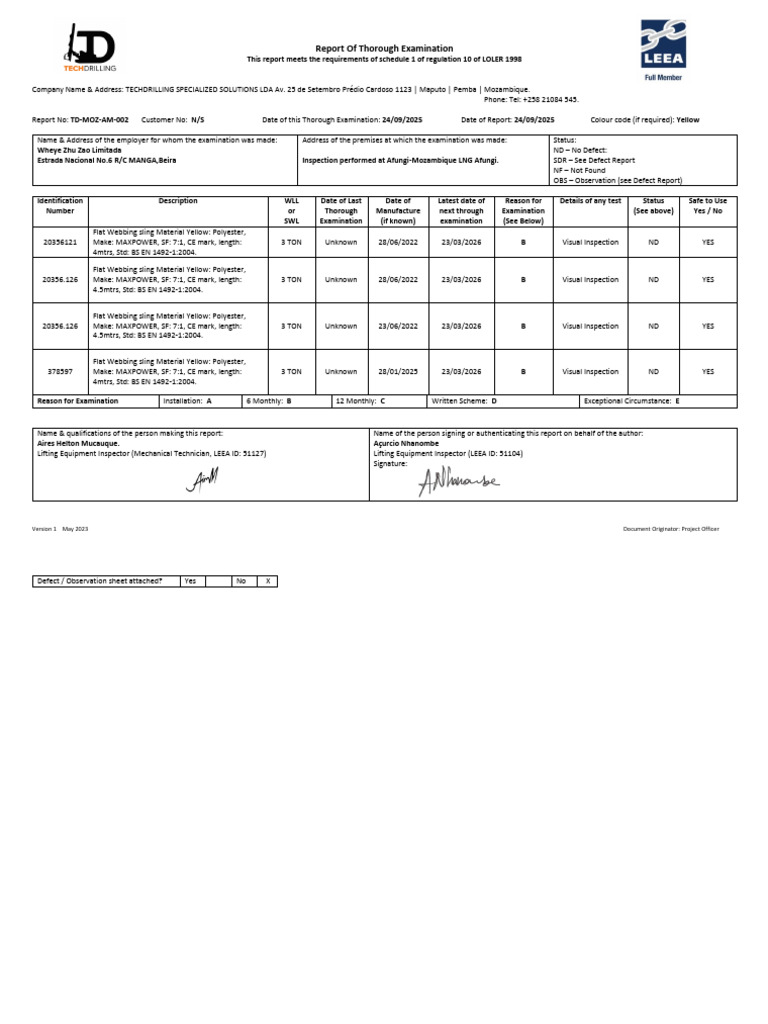LOLER 1998 Thorough Examination Report | PDF | Equipment