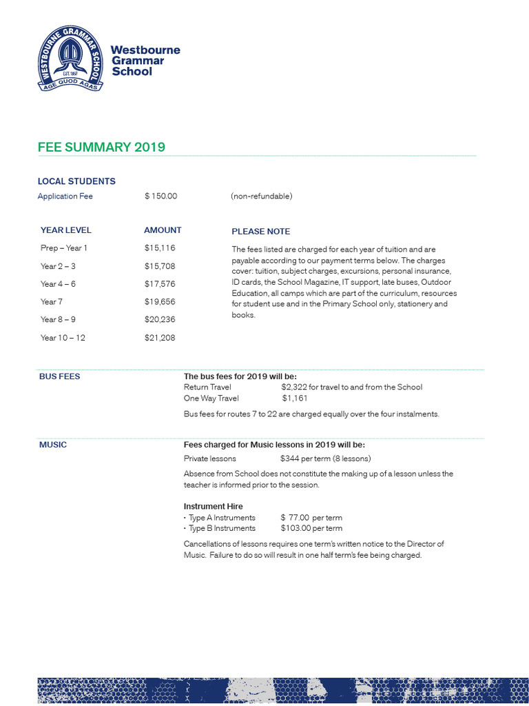 Westbourne Fee Summary 2019 | PDF | Fee | Payments