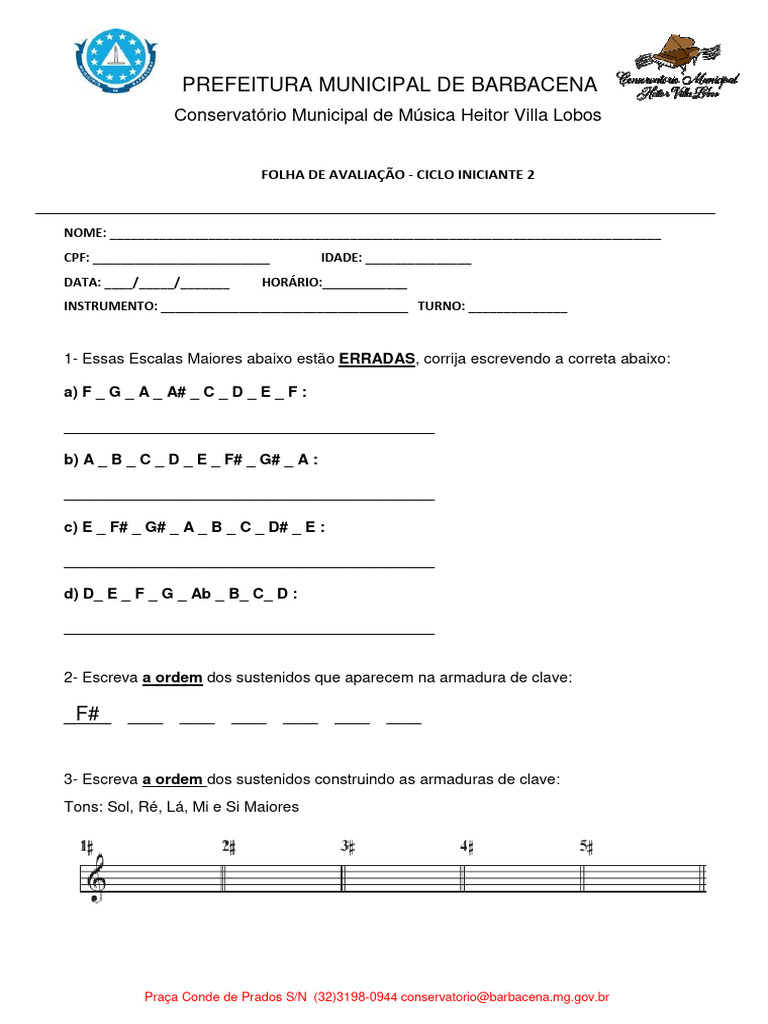 Avaliação de Música: Escalas e Tonalidades | PDF | Notação musical ...