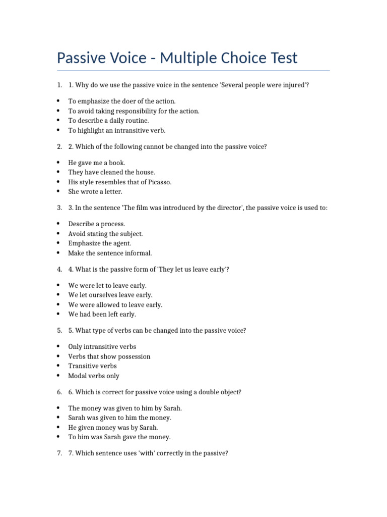 Passive Voice Full 100Q Test | PDF | Verb | Subject (Grammar)
