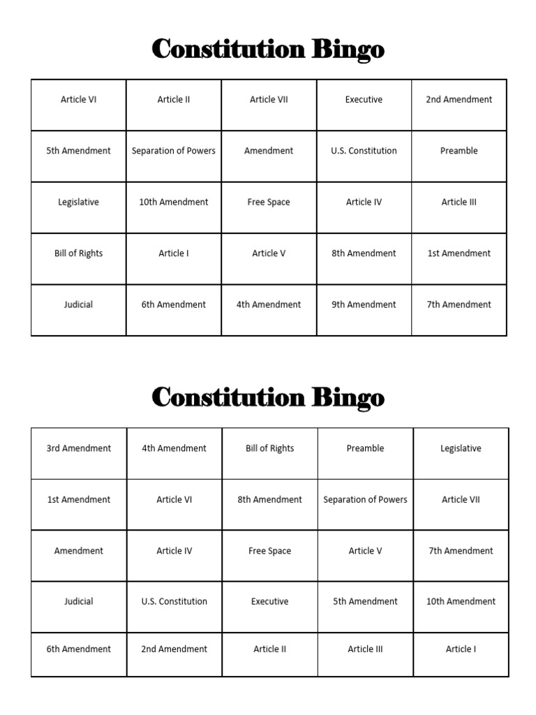Constitution Bingo Game Cards | PDF | United States Bill Of Rights ...