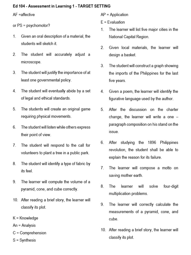 Target Setting in Learning Assessment | PDF | Educational Assessment ...