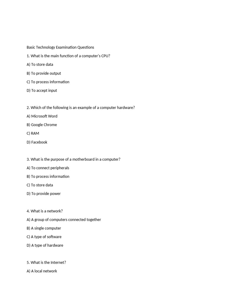 Basic Technology Exam Questions Guide | PDF | Computer Hardware ...