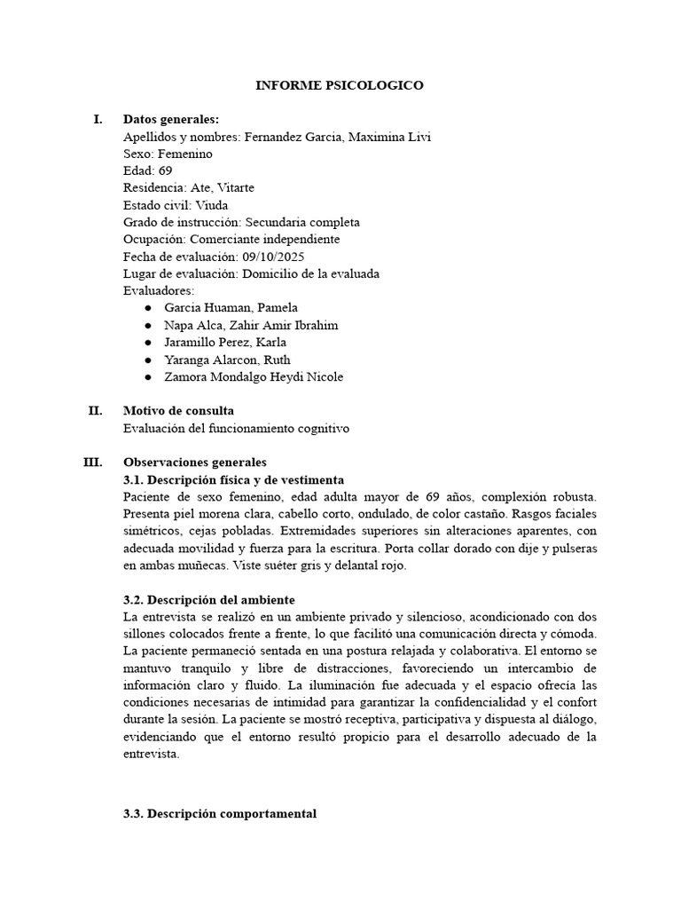 Informe Psicológico de Maximina Fernández | PDF | Memoria | Cognición