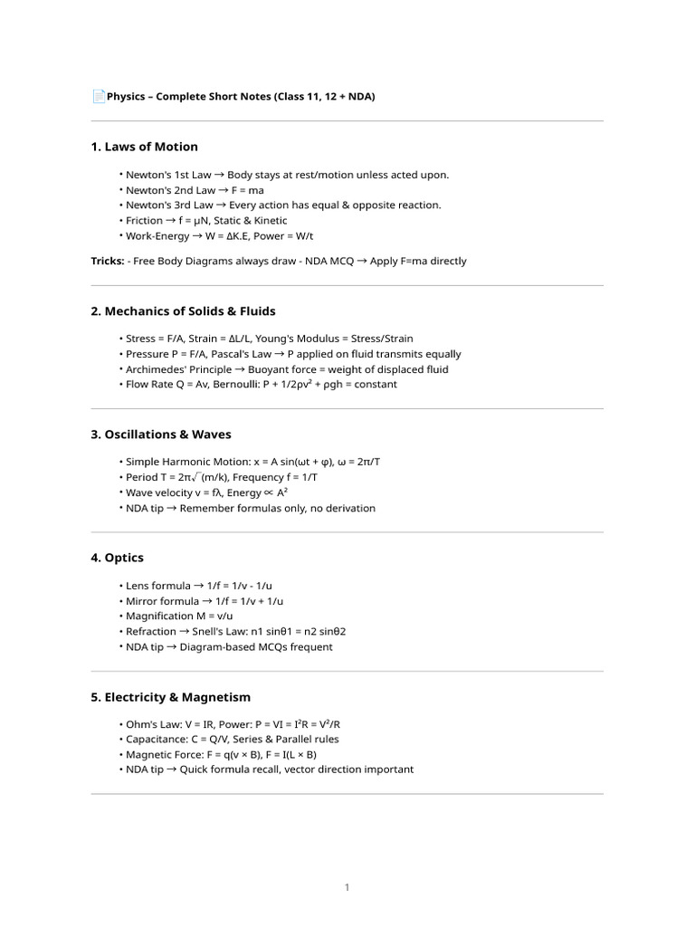 Physics Short Notes for Class 11-12 & NDA | PDF