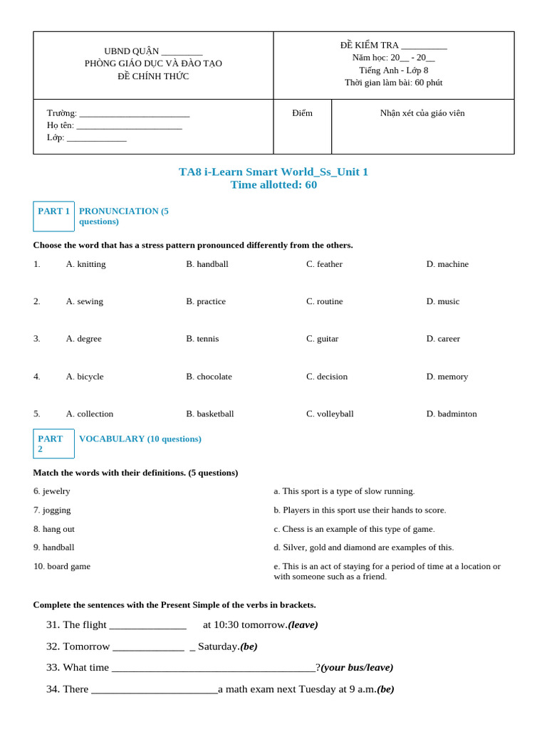 English Test for 8th Grade Students | PDF