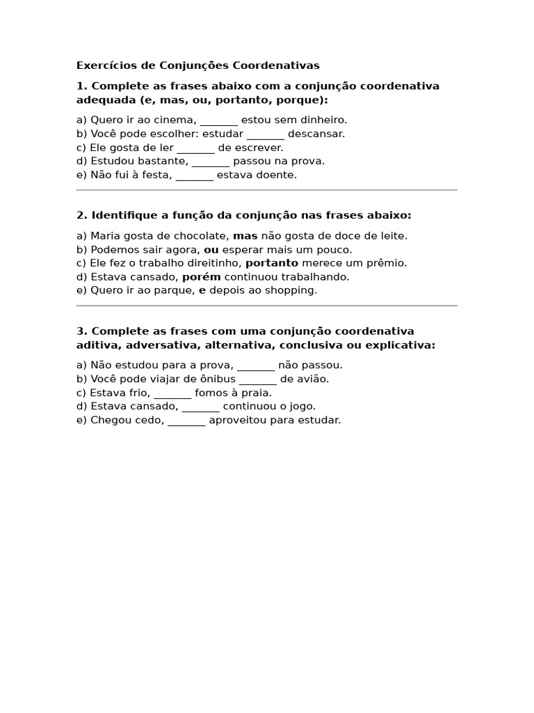 Exercícios de Conjunções Coordenativas | PDF
